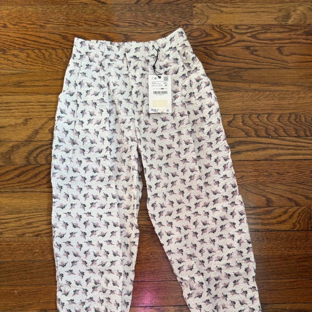 Zara White Pants with Pink & Green Floral Pattern